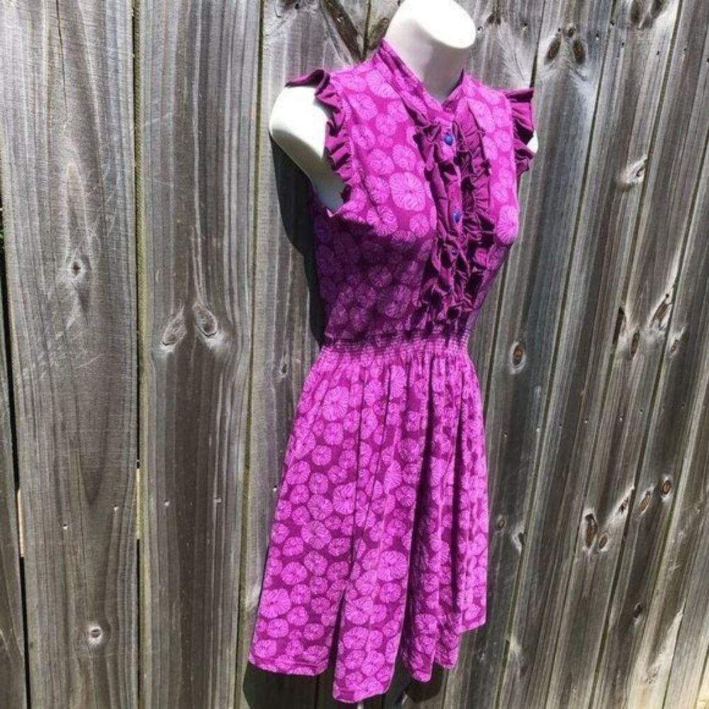 Matilda Jane Dress XS Mini Magnolia Purple Short Sleeve Ruffle Floral Henley - Picture 4 of 7